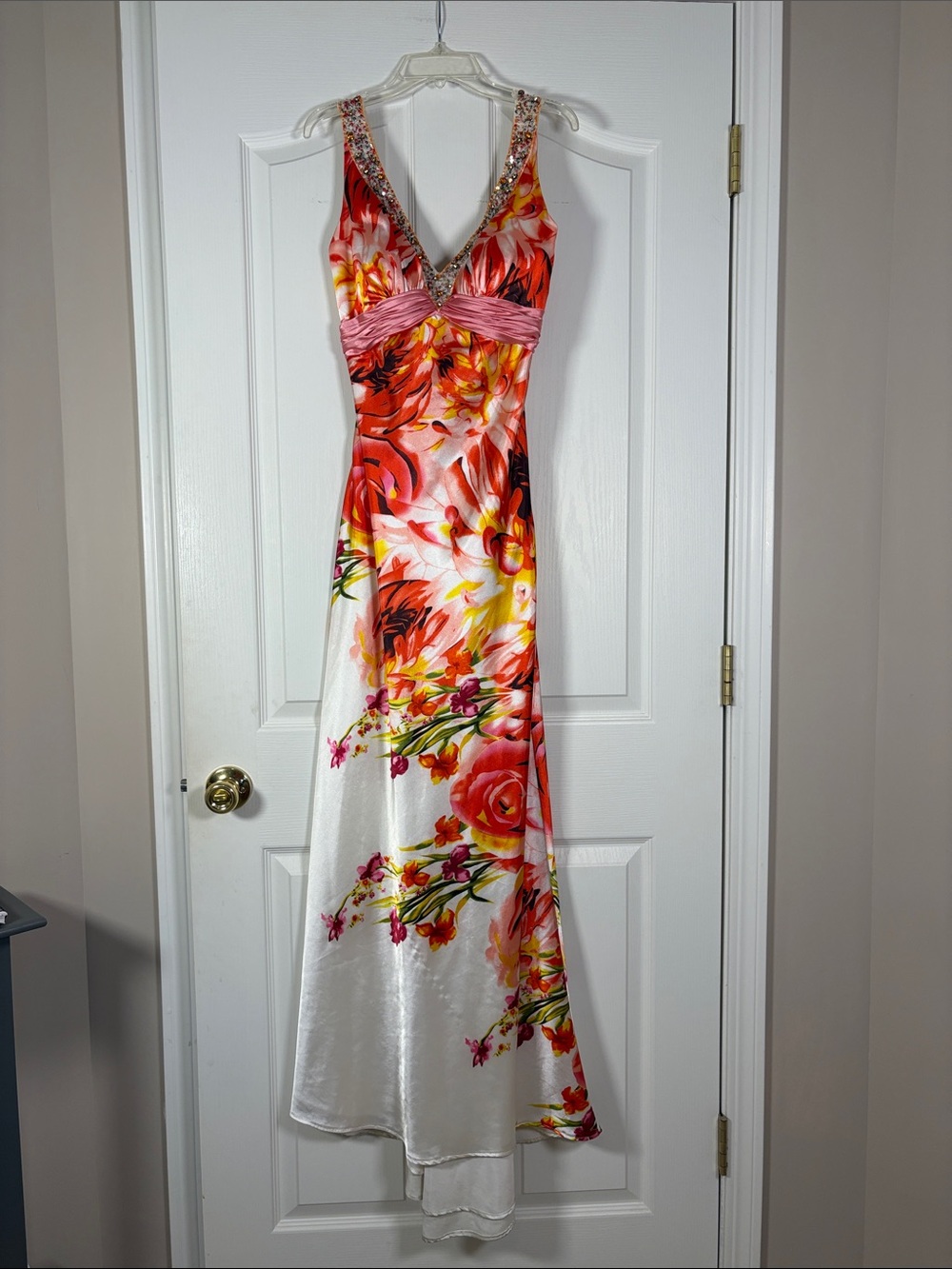 Tiffany Designs Pink and Orange Floral V-Neck Maxi Gown - Size 0